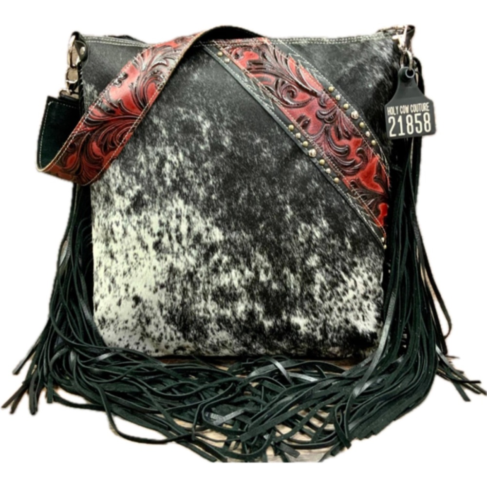 Holy Cow Couture Outlaw leather and cow hide shoulder bag with side NWOT